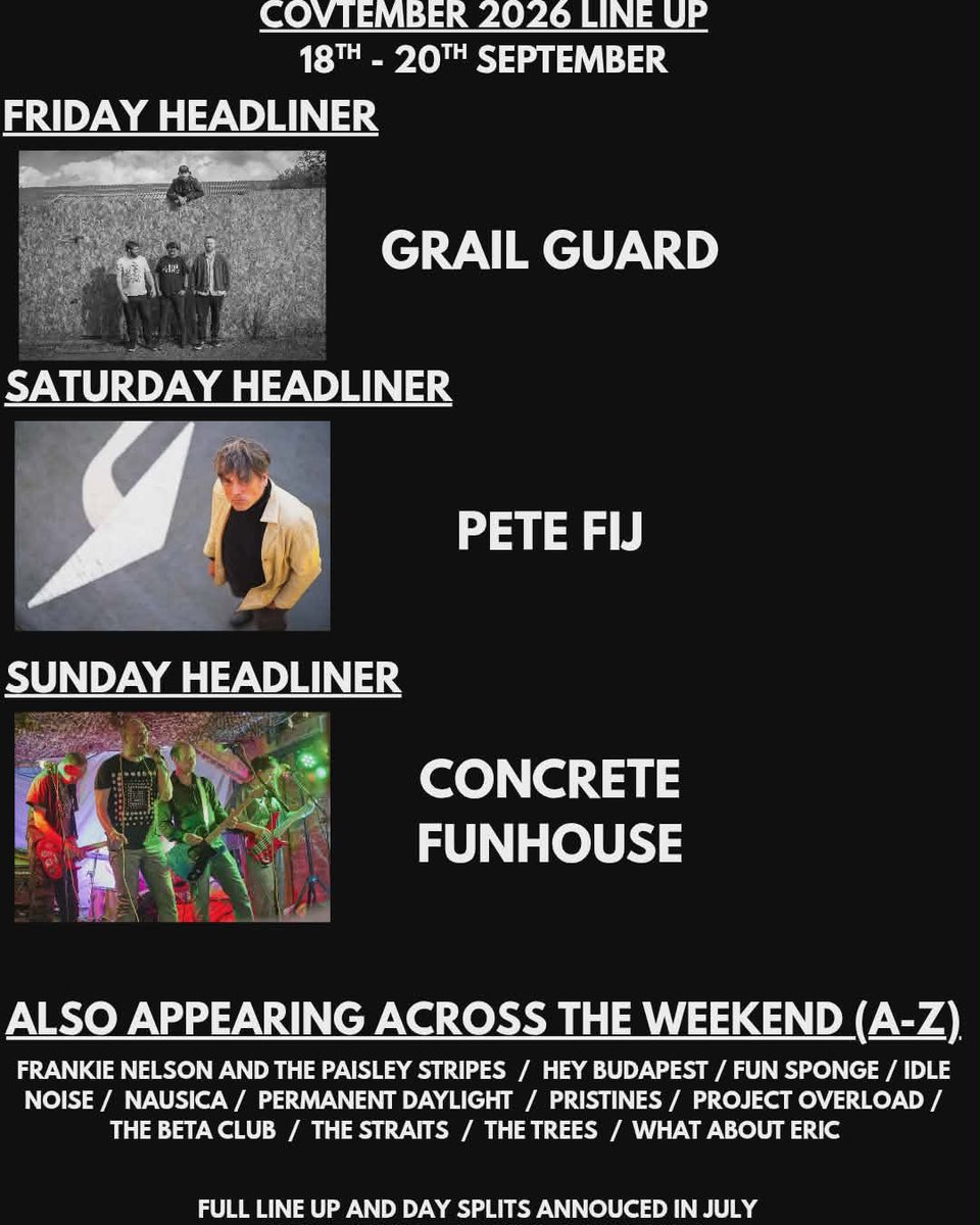 covtember's tweet photo. COVtember 2026 ticket link is now live. See below for your headline acts and bands playing over the weekend of Sept 18-20th. 
@live_coventry 
@PeteChambersCov 
@covobservernews 
@BBCIntroCW 
#coventry 
@petefij 
@TheTin 
@SorSpromotions 
@justdroppedin_ https://t.co/6dOZaDHH4i