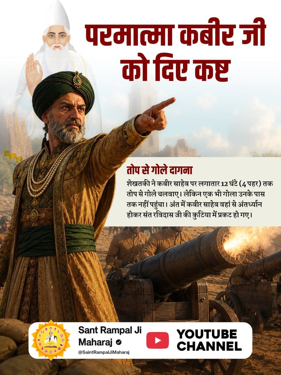 kripalsing1's tweet photo. #परमात्मा_पर_किये_गए_जुल्म
तोप से गोले दागना
शेखतकी ने कबीर साहेब पर लगातार 12 घंटे (4 पहर) तक तोप से गोले चलवाए। लेकिन एक भी गोला उनके पास तक नहीं पहुंचा। अंत में कबीर साहेब वहां से अंतर्ध्यान होकर संत रविदास जी की कुटिया में प्रकट हो गए।
6Days Left Kabir Prakat Diwas https://t.co/kh9wmGWzJ8