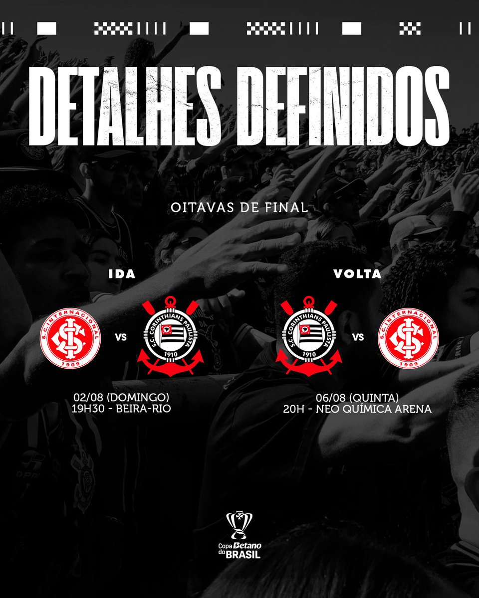 Corinthians's tweet photo. DETALHES DEFINIDOS! ☑️

A CBF divulgou os detalhes dos jogos de ida e volta das oitavas de final da Copa do Brasil! ⚽

#VaiCorinthians https://t.co/LPFlJEqWMF