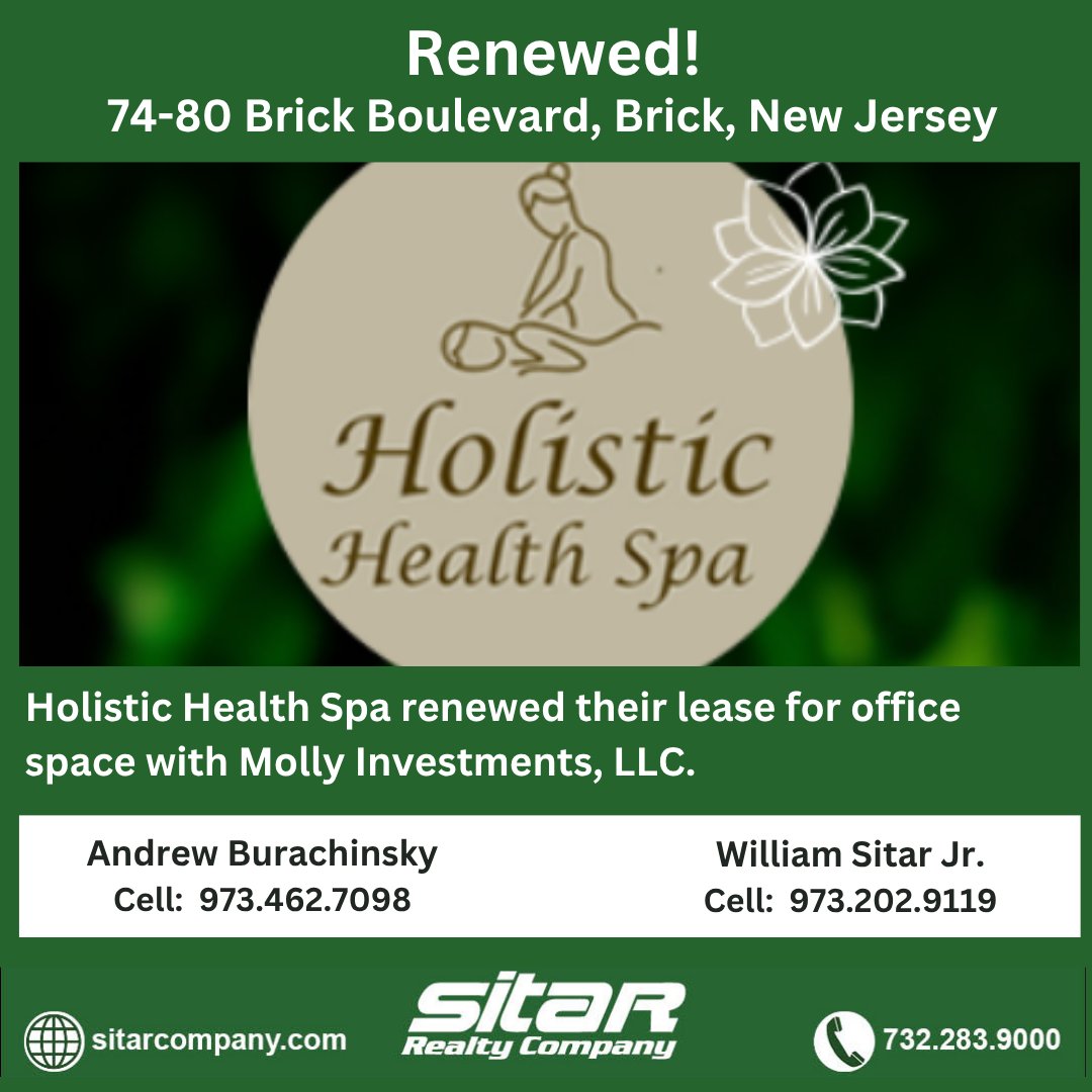 Sitar_company's tweet photo. Renewed!
Holistic Health renewed their lease with Molly Investments, LLC for office space at 74 Brick Boulevard in Brick, New Jersey.  Andrew Burachinsky and Bill Sitar Jr. were the brokers in this transaction. #SitarRealtyCompany #TCNWorldwide #BrickNJ #CRE #HolisticHealth https://t.co/J8sjoAJYX2