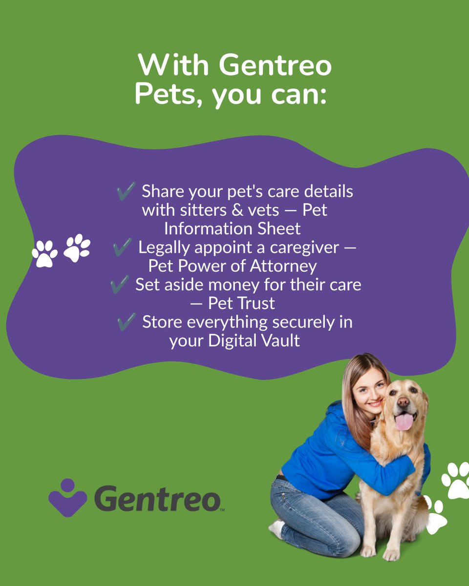 Gentreo's tweet photo. About 1.3 million pets are sent to shelters after their owner's death. Most of them didn't have to be. This National Pet Preparedness Month, make sure your furry family member has a plan - a caregiver named, care instructions documented, and financial provisions in place. 🐾 https://t.co/FzEANS6lA6