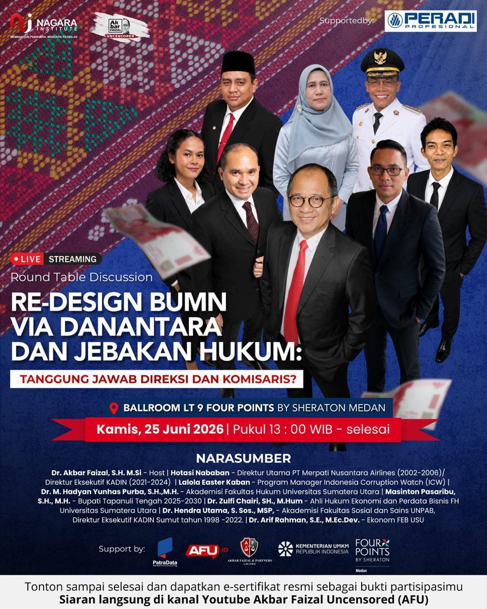 ervanofun's tweet photo. Diskusi menarik soal re-design BUMN via Danantara, membahas tata kelola serta tanggung jawab direksi &amp; komisaris. Saksikan &amp; dapatkan e-sertifikat.
@akbarfaizal68 @AFCensored @awalilrizky 
#RoundtableDisscussion #AkbarFaizalUncensored #RedesignBUMNMaju #MedanCakapBUMN https://t.co/vapTamT6Ar