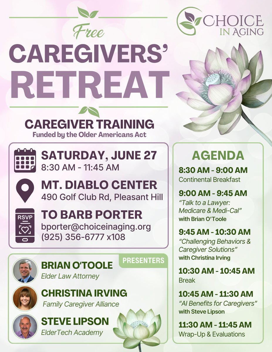 ChoiceinAging's tweet photo. REMINDER: Please join us for a FREE Caregivers' Retreat this Saturday, June 27 from 8:30 AM to 11:45 AM! 🪷☕ 

Mt. Diablo Center
490 Golf Club Road
Pleasant Hill, CA 94523

💌 RSVP to Barbara Porter at bporter@choiceinaging.org or (925) 356-6777 x108 https://t.co/AeQD9xGMaq