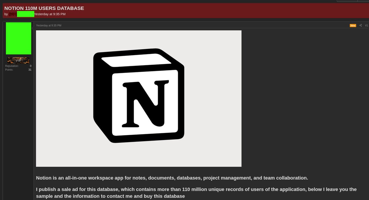 BreachWatcher's tweet photo. 💰Notion Database for Sale

A threat actor is selling a database with 110 million unique records allegedly containing details of Notion users.

The sample data contained:
Email addresses
Hashed passwords
etc. https://t.co/Vvp2QoUxWK