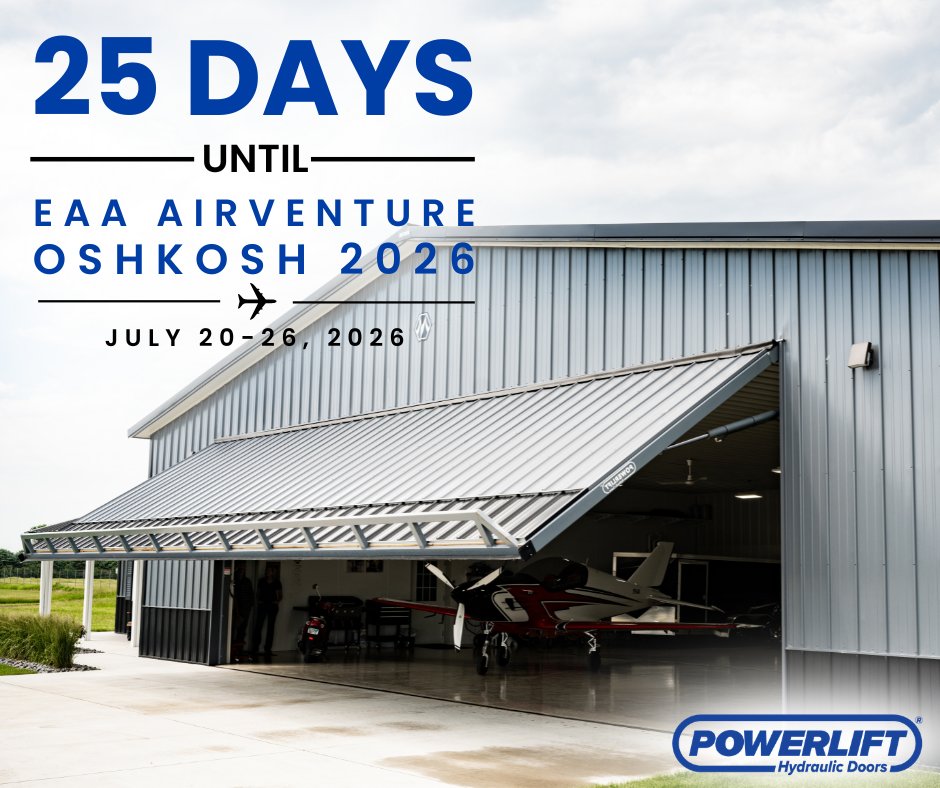 DoorsPowerlift's tweet photo. PowerLift Doors is Headed to EEA AirVenture 2026

The countdown is on!

PowerLift Doors is excited to announce that we'll be attending EAA AirVenture Oshkosh 2026, July 20 - 26, in Oshkosh, Wisconsin.

Whether you're planning a new hangar, upgrading an existing facility, or simply exploring door options for your aviation project, we invite you to stop by our both and meet our team.

📍Hangar D, Booth 4040 - 4044

Come see why pilots, hangar owners, and aviation professionals across North America trust PowerLift Doors for reliable hydraulic door systems.

We look forward to seeing you in Oshkosh!

#eaaairventure #oshkosh2026 #powerliftdoors #hangardoors #aviation