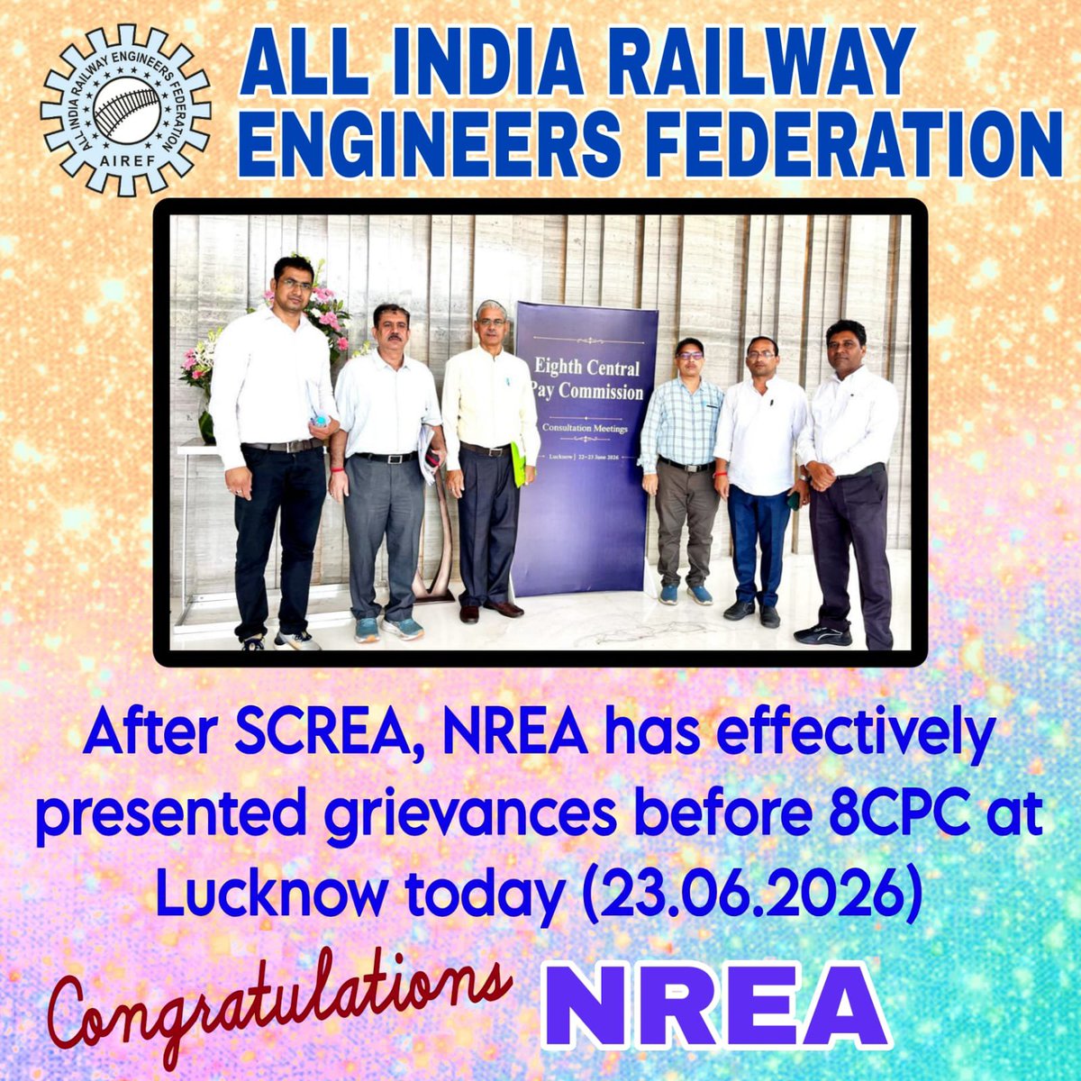 my_airef's tweet photo. Delegates of NREA have today (23.06.2026) at LKO effectively advocated before 8th CPC for Gr B status and also highlighted the acute stagnation issue of Engineers of @RailMinIndia recruited at L-6 and L-7.
@AshwiniVaishnaw
@airfindia @nfirindia @BMSkendra @brmsunion https://t.co/HF66HwDyNL