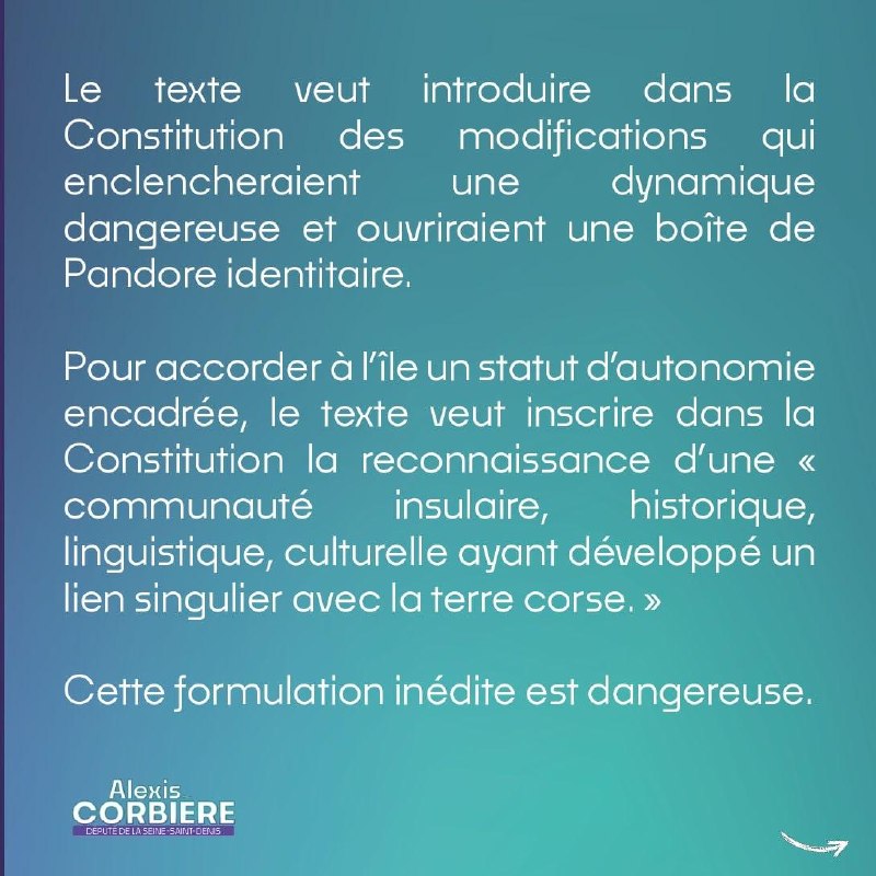 alexiscorbiere's tweet photo. Pourquoi je voterai contre le projet de loi concernant la Corse.

Retrouvez ma tribune dans l'@humanite_fr https://t.co/IiWEiXzcJl