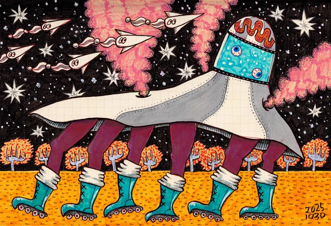 6月24日は #UFOの日 らしいので過去絵再掲。 79年前の今日、アメリカのケネス・アーノルドさんがUFOの編隊を目撃したことにちなむらしいよ。