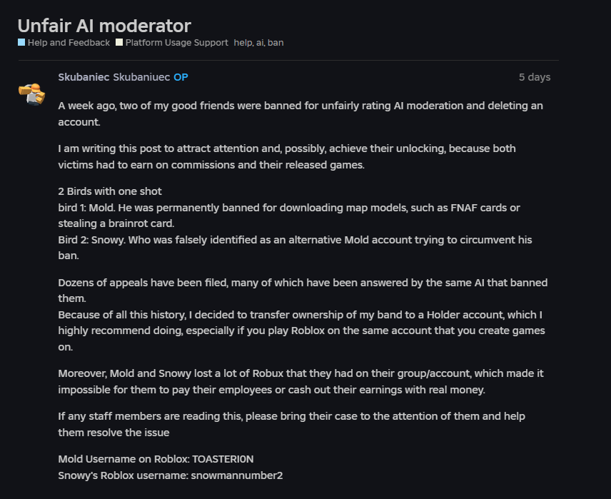 tiffikan's tweet photo. 🚨Roblox's AI moderation started banning everyone for no reason for everything.🚨

in June, the AI ​​has been falsely banning everyone for absolutely any reason, and always incorrectly. Also, due to a bug, no one has the Violations &amp; Appeals window. #Roblox #RobloxDev #Roblox_RTC https://t.co/9ITozE2eoy