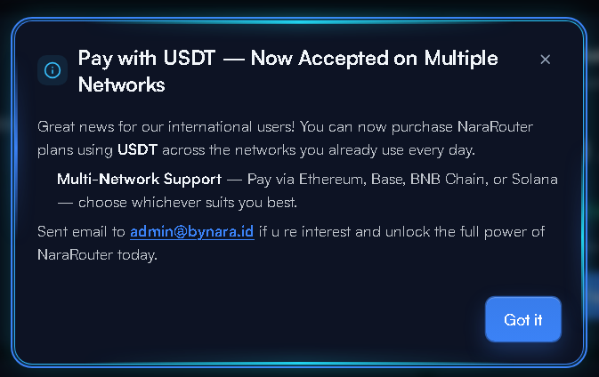 HodlerClassHero's tweet photo. NaraRouter now supporting payment via USDT with multiple networks, sweet! I was hoping they would support X402 soon, so my agent could pays its own API https://t.co/6ZkWXARRSu