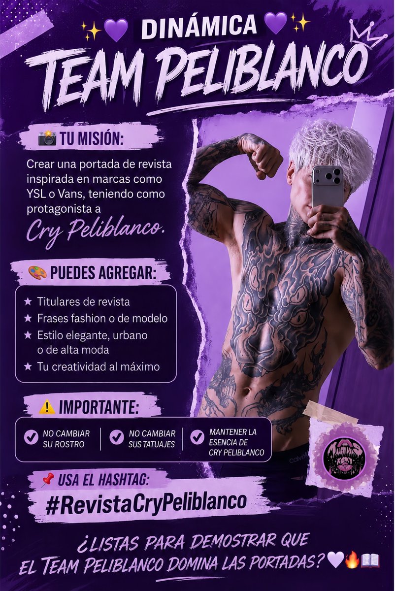 MalcriadasxCry's tweet photo. 🤍 DINÁMICA TEAM PELIBLANCO 🤍
📸 Crea una portada de revista estilo YSL o Vans con Cry Peliblanco como protagonista.
⚠️ No cambies su rostro ni sus tatuajes.
🏆 La mejor portada que le guste a Cry le daremos 1 subs de regalo. 
Y usa el hashtag #RevistaCryPeliblanco 
Ejemplo👇🏽 https://t.co/rS2dEy8IzF