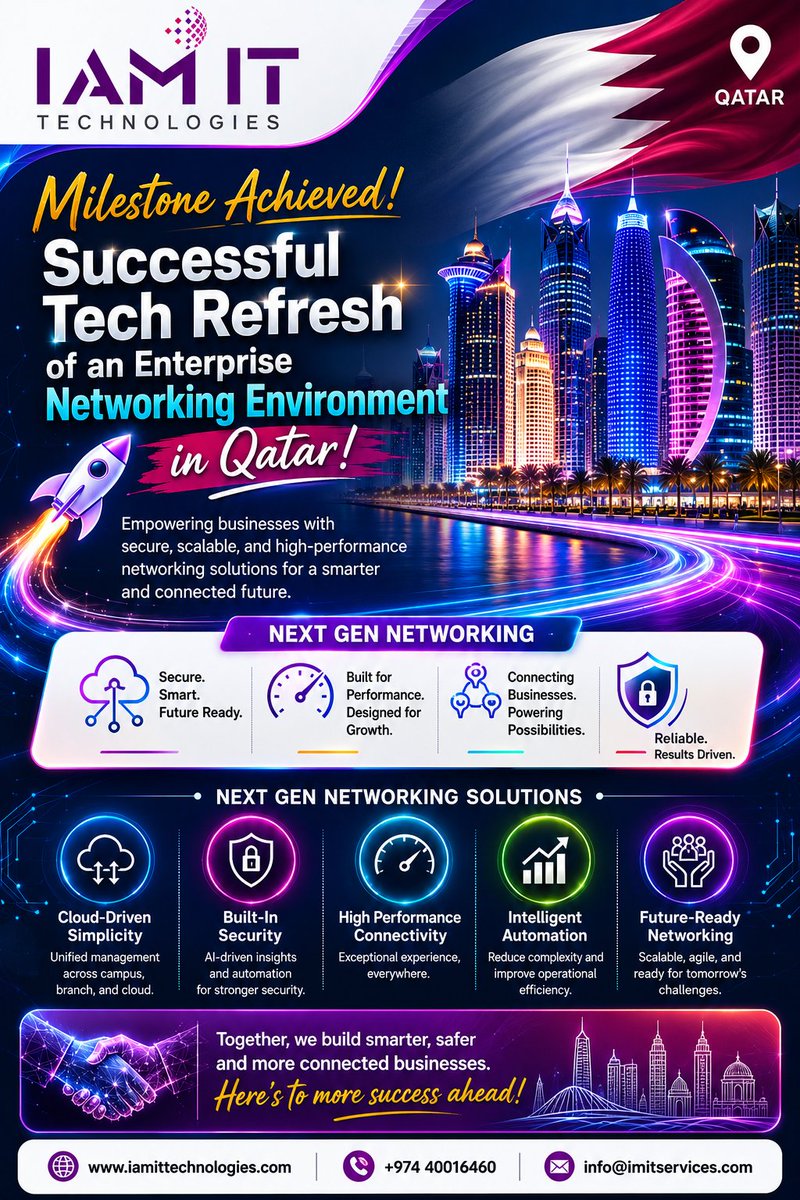 IAMITTech2019's tweet photo. Proud to Announce the Successful Tech Refresh of an Enterprise Networking Environment in Qatar!
IAMIT continues to empower businesses with secure, scalable, and future-ready networking solutions.
A big thank you to our team, partners, and client for their trust and support. https://t.co/v0WXsKFFRp