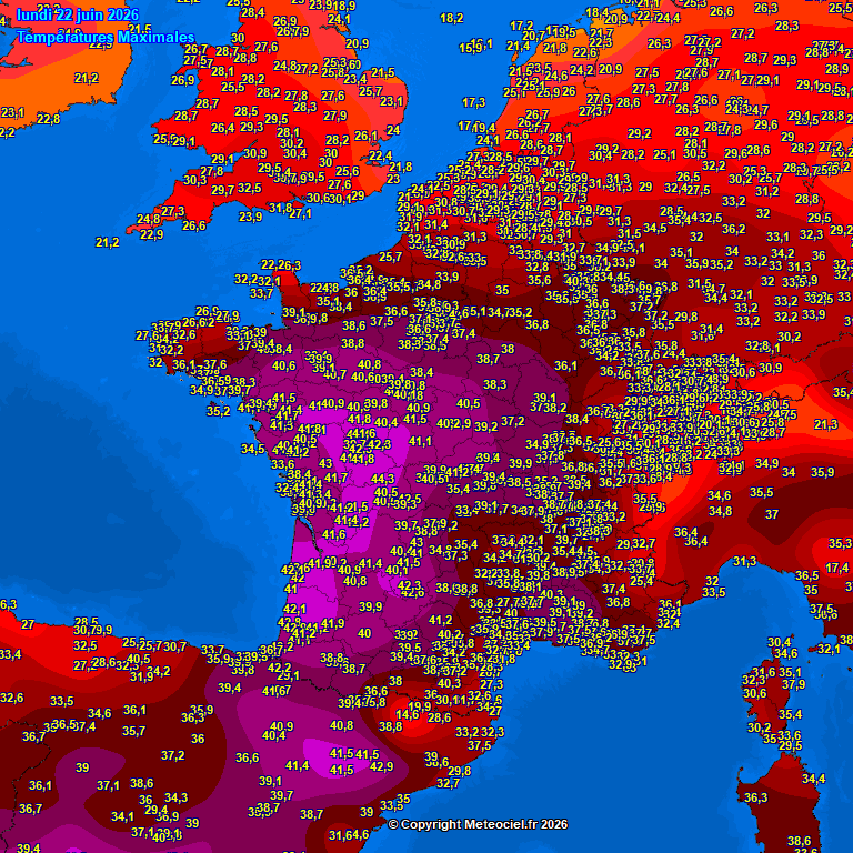 alvaroliver's tweet photo. Este es otro de esos mapas meteorológicos que quedarán para la historia. Se sobrepasan ampliamente los 40°C en una vasta extensión de Francia, tal como estaba previsto. Mañana, el sur de Gran Bretaña se quedará cerca de ese valor al tiempo que empieza el descenso en España. https://t.co/En1Oa8CpeJ
