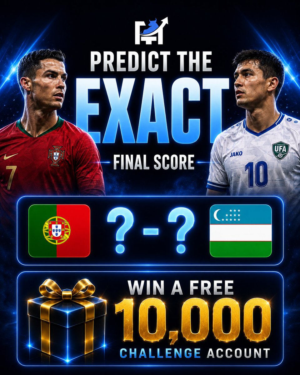 fundingurtrades's tweet photo. 🚨 FREE $10,000 CHALLENGE ACCOUNT 🚨

Everyone is predicting Portugal to win...

But football doesn't care about your expectations. 👀

🇵🇹 Portugal vs Uzbekistan 🇺🇿

Predict the EXACT final score and win a FREE $10,000 Challenge Account. 🏆

How to Enter:

1️⃣ Follow @fundingurtrades
2️⃣ Like + Repost this post
3️⃣ Comment the EXACT final score

Example: Portugal 3-1 Uzbekistan

⏰ Entries close at kickoff.

One prediction.

One winner.

One FREE $10K Account.

👇 Drop your score below.