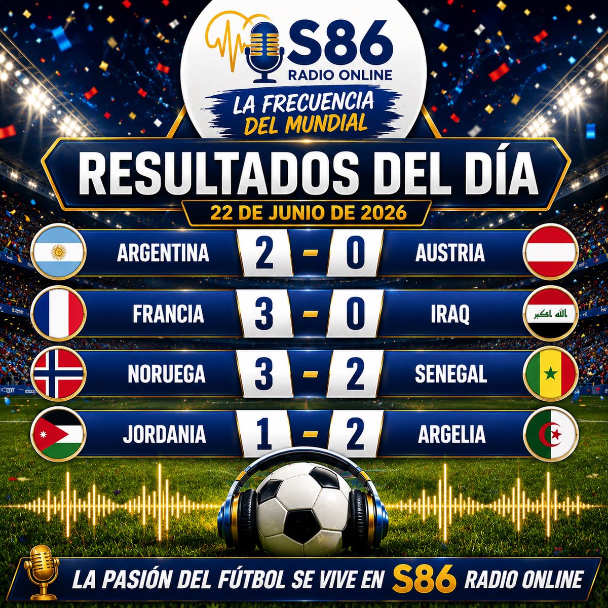 S86Radio's tweet photo. ⚽ La jornada del 22 de junio dejó actuaciones contundentes y partidos que podrían ser determinantes rumbo a la siguiente fase.

🏆 La fase de grupos entra en su recta decisiva y cada resultado comienza a definir quiénes seguirán soñando con levantar la copa. https://t.co/q5Zk99CRT9