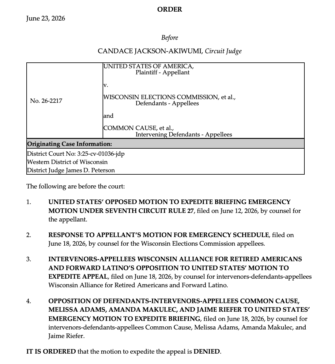 kyledcheney's tweet photo. JUST IN: The 7th Circuit has denied the Trump administration's effort to expedite its appeal of the order denying access to Wisconsin's voter rolls. 

DOJ had claimed urgency with votes fast approaching. https://t.co/5iFbm4Rs7y