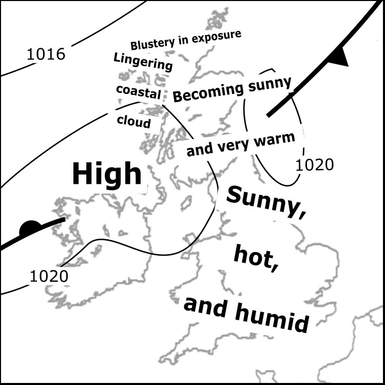 the_MWIS's tweet photo. Wed 24/6: Extensive hot sunshine and unusually humid - risk of sunburn and dehydration. England, Wales, and  E Scotland see early patchy fog clearing; highest tops E Scotland near or above the cloud layer at dawn. Some cloud clings to Scotland's W coast, breezy over far N tops. https://t.co/EL4Tm0cuYy