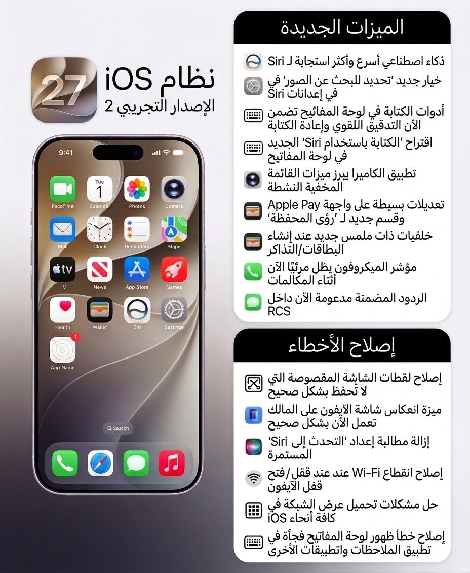 monow_ios's tweet photo. أبرز ما جاء في تحديث iOS 27 Beta 2! 🚀

#iOS27Beta2 #iOS27 #Beta2 #آبل #سيري #تحديثات_آبل #ايفون https://t.co/civO6W6w31