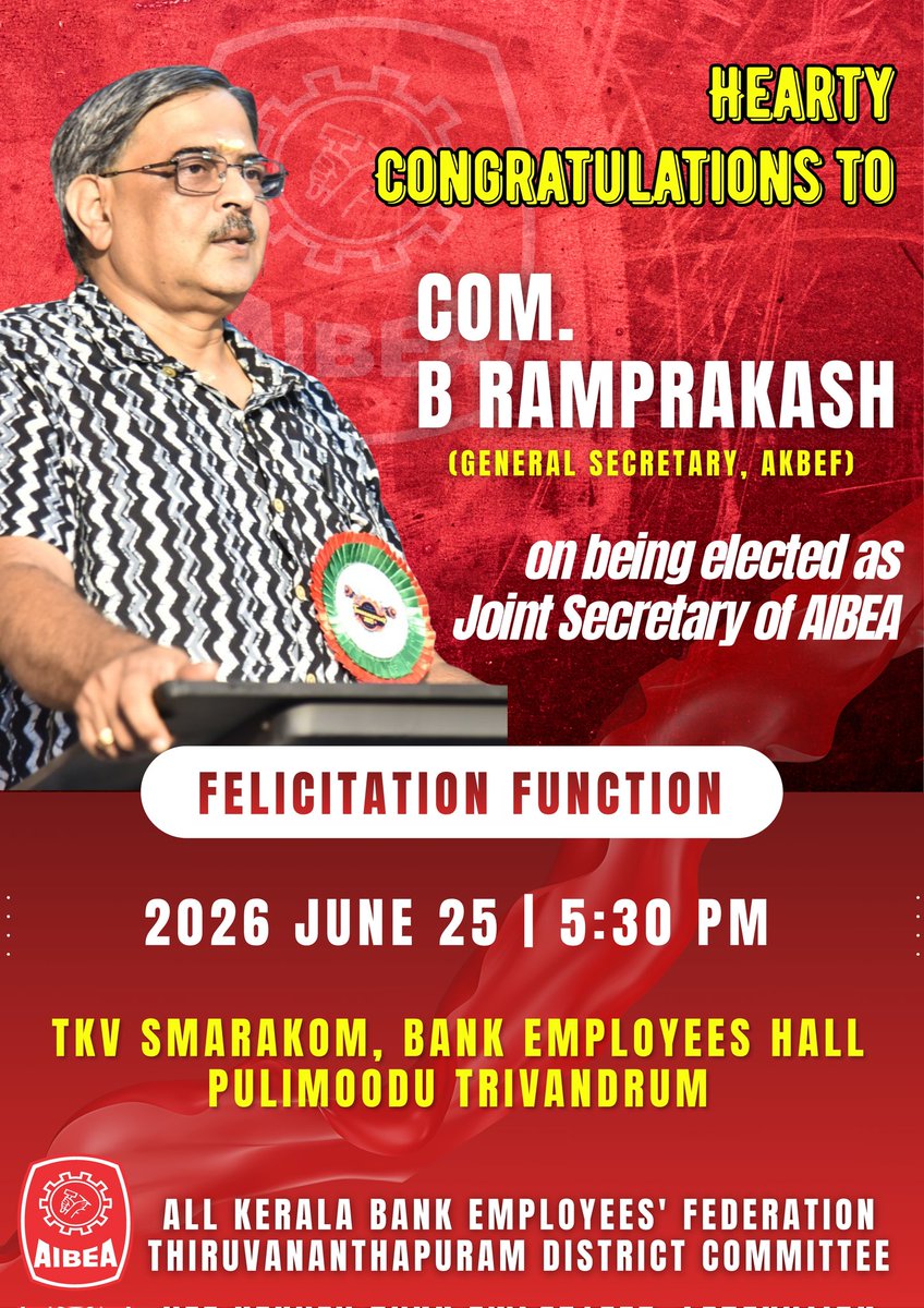 SubinAbrambabu's tweet photo. Hearty Congratulations to Com.B Ramprakash (Gen Sec, AKBEF) on being elected as Joint Secretary of AIBEA #AIBEA #akbef https://t.co/y73B7pBoiD