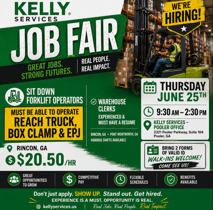 StepUpSavannah's tweet photo. 🚨 Kelly Services Hiring Event 🚨

Experienced Forklift Operators &amp; Warehouse Clerks needed!

💲 $20.50/hr
📍 Rincon &amp; Port Wentworth
📅 June 25 | 9:30 AM–2:30 PM
📌 Bring 2 forms of ID
Experience required. Walk-ins welcome!
#Hiring #WarehouseJobs #ForkliftOperator #Jobs https://t.co/RClRYk4HdW