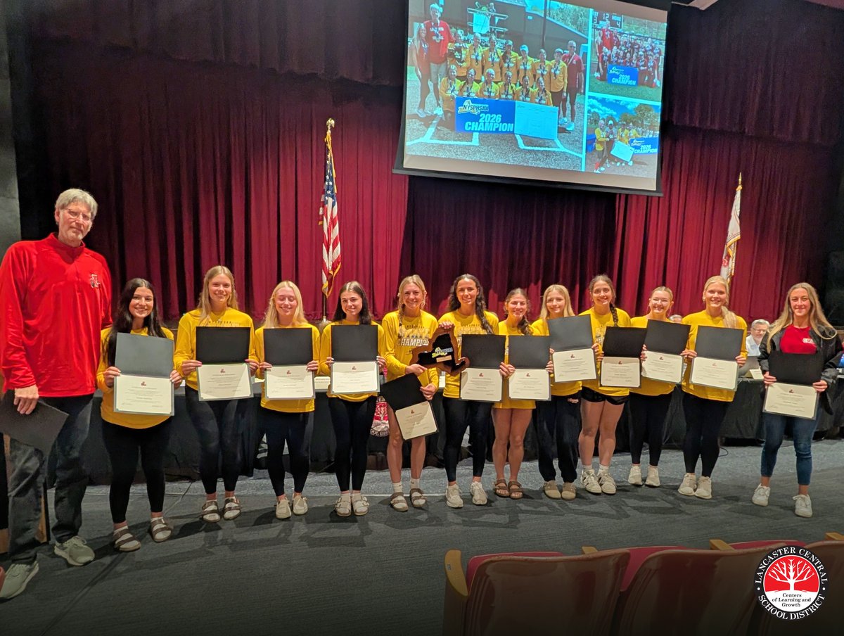 LancasterCSD's tweet photo. At last evening’s Board of Education meeting, the girls' varsity softball team, along with Head Coach Winiatowski and Assistant Coach Young, was recognized for an extraordinary accomplishment - capturing the Class AAA State Championship for the second consecutive year. Congrats! https://t.co/RN0T7UV3fi