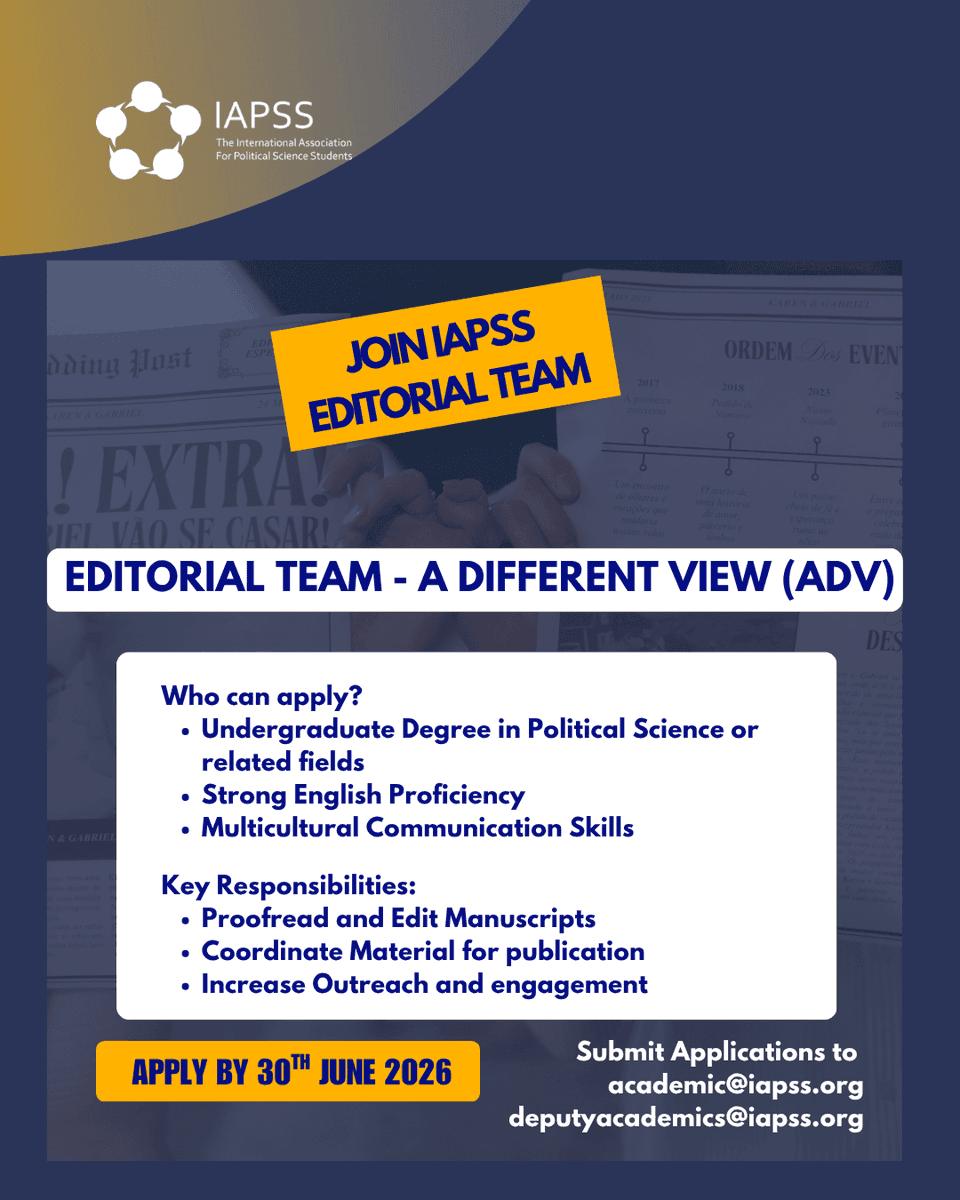 iapss's tweet photo. 🌍 Join IAPSS!
Applications are open for multiple roles in research, writing, analysis, and digital engagement.

📅 Apply by 30 June 2026
🔗 https://t.co/BABueH8RO8

#IAPSS #PoliticalScience #Research #StudentLeadership https://t.co/PAAubDGw76