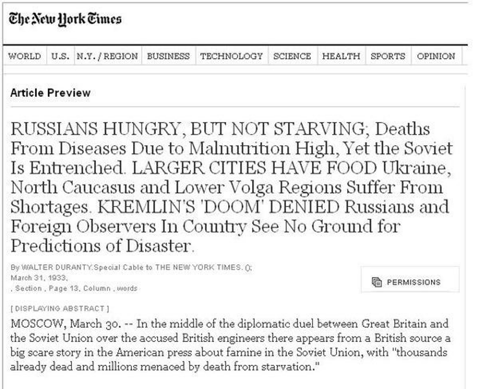 CreativeDeduct's tweet photo. In 1933, as millions were dying in Ukraine during the Holodomor, a reporter for one of the world’s most influential newspapers accepted the Pulitzer Prize for telling his readers there was no famine.

Walter Duranty, the Moscow correspondent for The New York Times, repeatedly denied the existence of mass starvation in 1932 and 1933. In a notorious article, he dismissed reports of widespread death as “exaggerated” and praised Stalin’s leadership. Gareth Jones, a Welsh journalist who had travelled through Ukraine and reported the truth about the famine, Duranty publicly denounced as unreliable, helping to discredit one of the few Western journalists telling the truth.

Duranty also downplayed, justified and excused dekulakisation and the gulags. And he was not ignorant of the famine; he understood what was happening but chose to lie in order to maintain access to Soviet officials. For this work, he was awarded the Pulitzer Prize in 1932. The New York Times has never returned the award, despite years of calls to do so.

The Holodomor killed millions in a famine engineered by Soviet policy and sustained through deliberate state coercion. Stalin denied the disaster, blocked relief efforts and concealed the evidence of mass death. And one of the world's most influential newspapers helped sell his lies to the West.

The enduring scandal is not only that Duranty deceived his readers, but that he was rewarded for doing so. His reporting demonstrates how easily journalism can become propaganda when access, ideology, and institutional interests take precedence over truth. Often the most consequential falsehoods are advanced not on the fringes, but from the centre of the establishment itself.