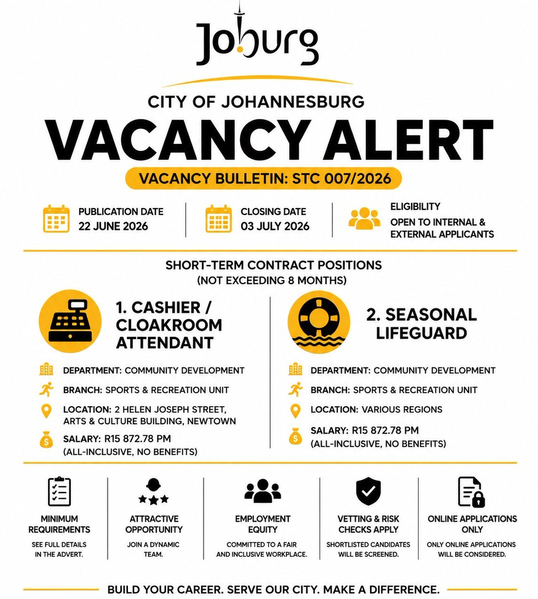 CarolBoitumelo1's tweet photo. CITY OF JOHANNESBURG JOBS IS HIRING 

✅ Cashier / Cloakroom Attendant
✅ Seasonal Lifeguard

📍 Johannesburg
💰 Salary: R15,872.78 per month

 Closing Date: 03 July 2026

Note: Visit Their Official Site To Apply

Full Details: https://t.co/kB5Lnc5uUA https://t.co/ZJeyyfXkHU
