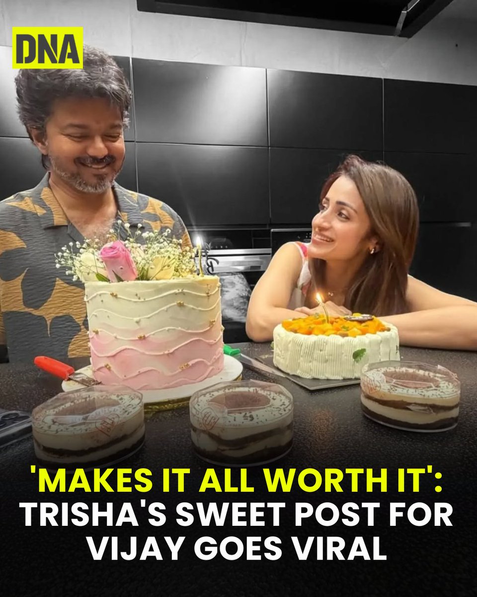 dna's tweet photo. Actress #TrishaKrishnan shared a special birthday wish for Tamil superstar and Tamil Nadu #CMVijay, a day after his 52nd birthday. The post has drawn attention amid ongoing speculation about their relationship, with fans viewing it as a sign that recent breakup rumours may have been unfounded.

Read here: https://t.co/gQTr7Zcou9

#DNAUpdates | #VijayBirthday  | #TrishaKrishnan