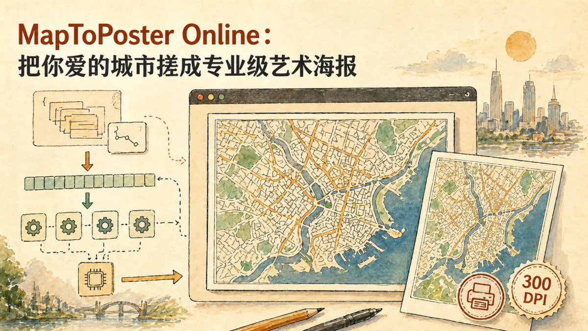 amiaoapp's tweet photo. 把回忆里的城市，变成一张海报，把你生活过的城市，变成艺术作品

分享一个在线工具 - MapPoster Online：输入一座城市，它会把 OpenStreetMap 数据重新渲染成一张专业级地图海报。不是截图地图，而是真正适合打印、展示的艺术作品。

支持：
🗺️ 全球城市地图生成
🎨 20+ 海报主题
🖋️ 自定义字体
🖨️ 300 DPI 高清打印
📱 手机壁纸 / 海报多尺寸导出
故乡、母校、第一次工作的城市、最喜欢的旅行目的地……
都能变成一张值得收藏的地图海报。
在线体验：
https://t.co/NYZIVMIGC7
GitHub：
https://t.co/BynGZQ8yYU

#开源项目 #地图 #设计工具
