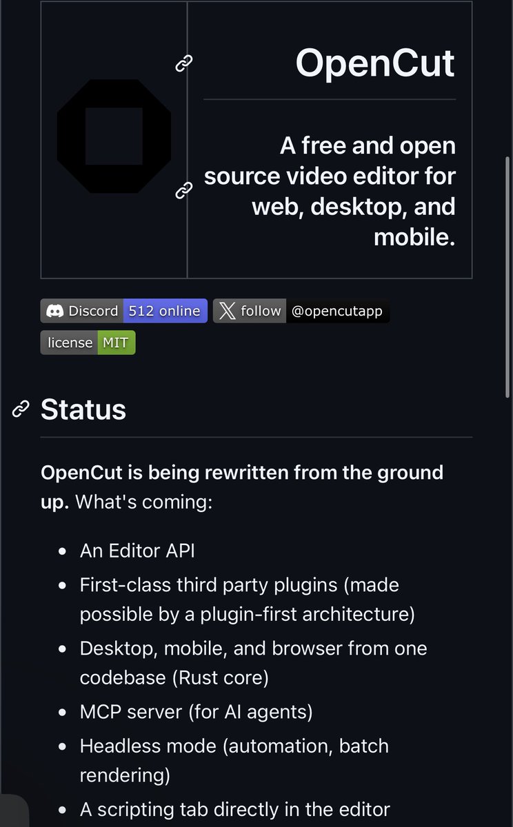 alghali's tweet photo. لاتحتاج لاشتراكات CapCut وPremiere والرفع على السحابة! 💸

تعرّف على OpenCut 🎬: محرر فيديو بديل، مجاني ومفتوح المصدر بالكامل (أكثر من 59 ألف نجمة بـ GitHub).

🌟 مميزاته باختصار:
✅ يعمل على المتصفح، الكمبيوتر، والجوال (مبني على نواة Rust).
✅ خصوصية تامة: التعديل محلي ومقاطعك لا تُرفع للسحابة أبداً.
✅ أدوات احترافية: يدعم الإضافات، الأتمتة، والربط مع وكلاء الذكاء الاصطناعي (MCP).
✅ بدون حساب أو اشتراك.. صفر دولار للأبد!

جهازك. مقاطعك. تعديلاتك. مجاناً 100% 🚀