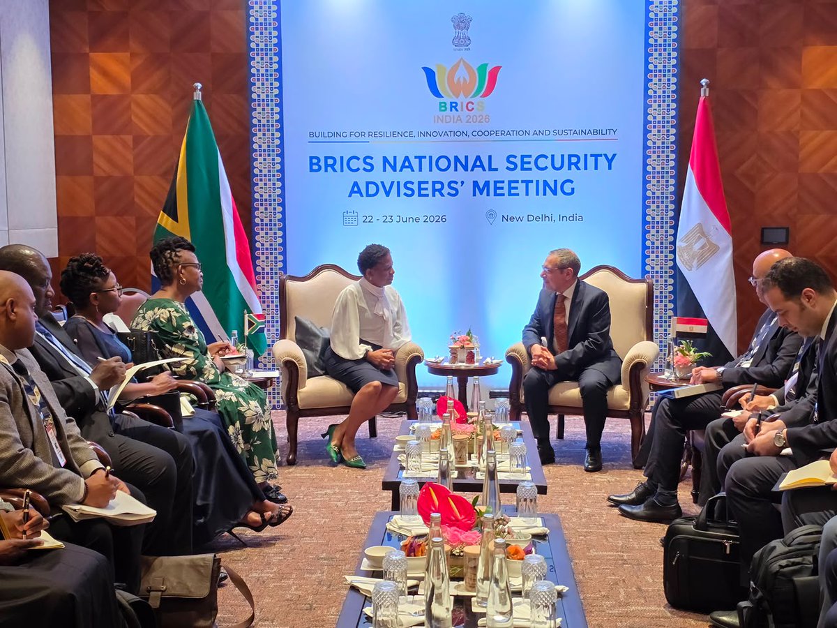PresidencyZA's tweet photo. #SAInIndia 🇿🇦����🇳 | Minister in The Presidency, Ms @Khu_Ntshavheni, met with Ambassador Alaaeldin Youssef, Secretary-General of Egypt’s National Security Council, on the sidelines of the BRICS National Security Advisers meeting.

The bilateral engagement focused on strengthening cooperation in security, counterterrorism, economic development and people-to-people relations, reaffirming the importance of strong partnerships in advancing regional stability, shared prosperity and mutual trust.

#BRICSNSA2026 #GovZAUpdates