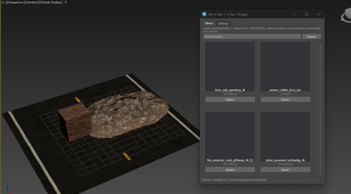QHVZYMY's tweet photo. just resolved a major issue in my workflow, 

So Quixel Bridge stopped supporting bridge for 3ds Max. And the only process to get fab assets and materials was to go through the website and download the assets one by one and drag and drop maps manually to create the materials.
 With this new plugin, i can now automatically compile materials and have objects with their materials automatically applied from Fab.