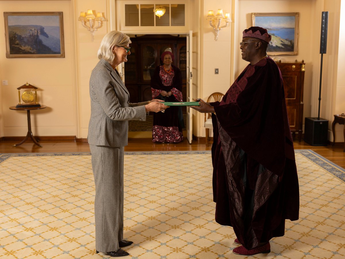 femipedro's tweet photo. Today, I had the privilege of presenting my Letters of Credence to the Governor-General of Australia, H.E. Ms. Sam Mostyn AC.

Officially on duty and ready to deepen the Nigeria-Australia partnership- from critical minerals to the diaspora.

#NigeriaAustralia #RenewedHope 🇳🇬🇦🇺 https://t.co/j6xMIkCwow