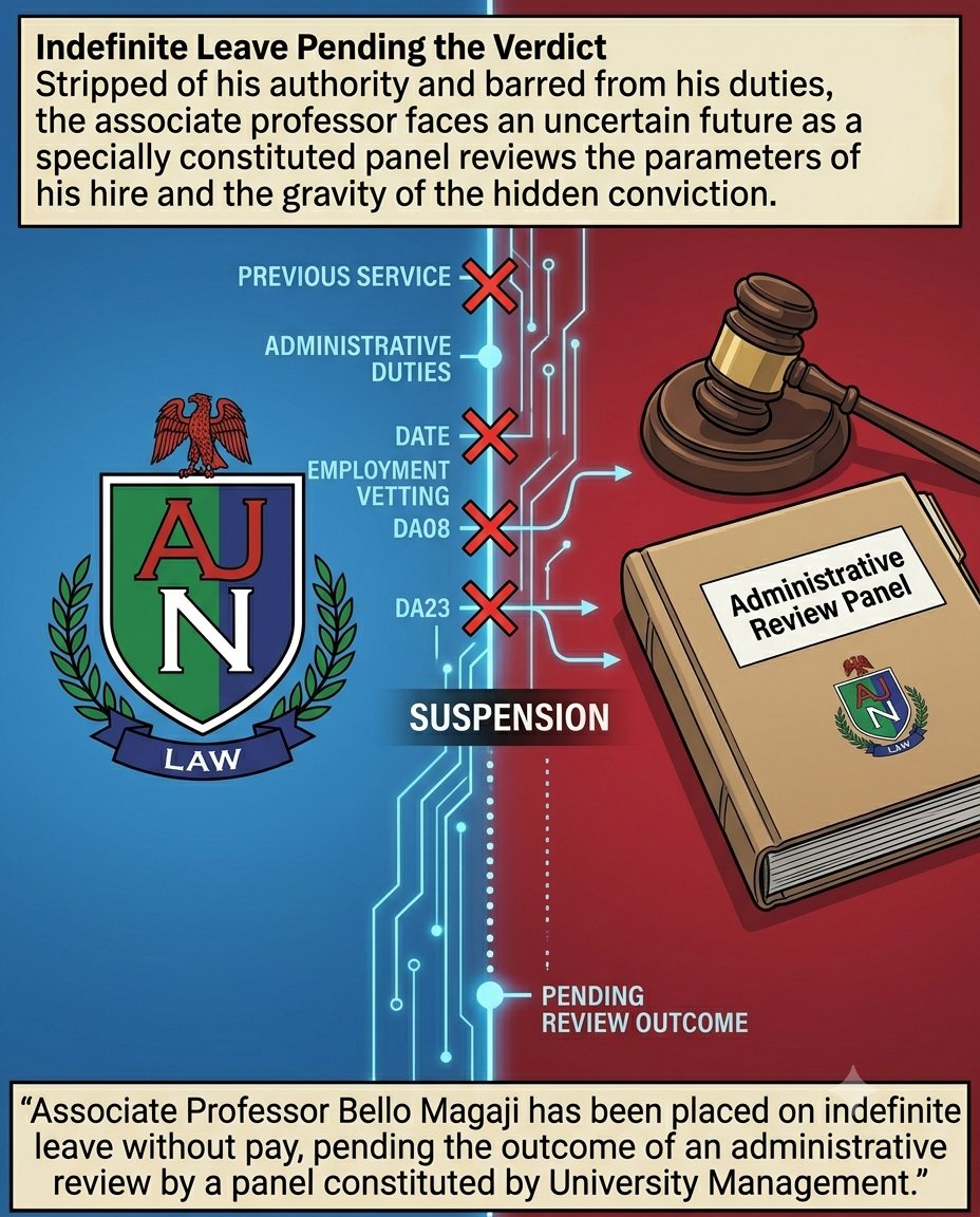 PremiumTimesng's tweet photo. 𝗧𝗵𝗲 𝗩𝗲𝗿𝗱𝗶𝗰𝘁 𝗣𝗲𝗻𝗱𝗶𝗻𝗴: Stripped of his authority, the Associate Professor is now on indefinite leave without pay while an internal administrative review panel sits. See the full visual comic attached! #AUN #PremiumTimes https://t.co/cIcQfaqJBr