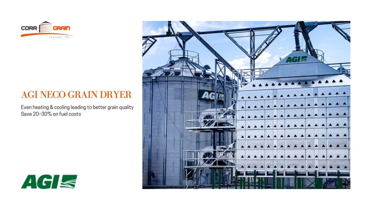 CorrGrain's tweet photo. Preserve your grain quality while saving on energy costs with AGI NECO Mixed Flow Grain Dryers. Their even heating and cooling process ensures optimal drying for various crops, including canola, barley, and wheat.
Speak to experts at 1-800-324-7867

#GrainDrying #NECO #CORRGrain https://t.co/yQGaHpnd6O