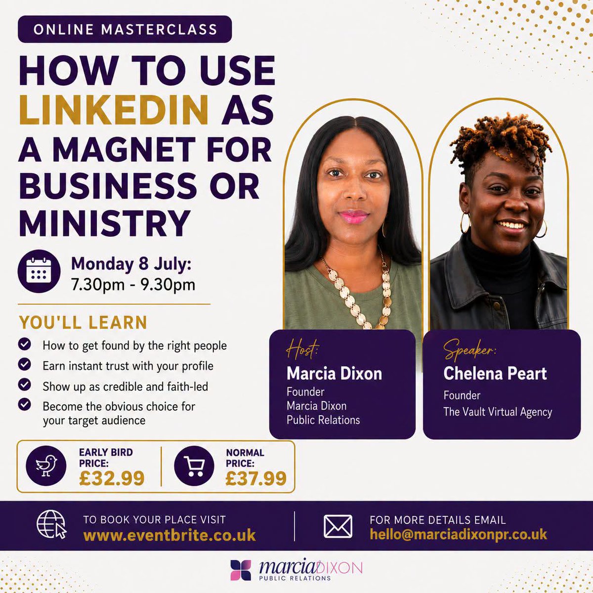 marciadixonpr's tweet photo. Many people know they should be on LinkedIn, but far fewer know how to use it strategically to create opportunities and achieve their goals.

In this online Masterclass, Visibility and LinkedIn Strategist Chelena Peart will share practical strategies to help you increase your visibility, build credibility, and position yourself for greater professional, business, and ministry success.

During this session, you’ll learn how to:

Get Found by the Right People
Optimise your profile, use effective keywords, and improve your visibility in LinkedIn searches 

Build Trust Quickly
Strengthen your first impression by tweaking your profile

Show Up as Faith-Led and Professional
Present yourself confidently as both a person of faith and respected professional

Become the Obvious Choice
Create a profile that clearly communicates who you are, what you offer, and why you are the right person to connect and work with

🎉To book 👇🏾👇🏾👇🏾 https://t.co/4hPG6ypFHy

#masterclass 

@joan_myers @ugnjamz
