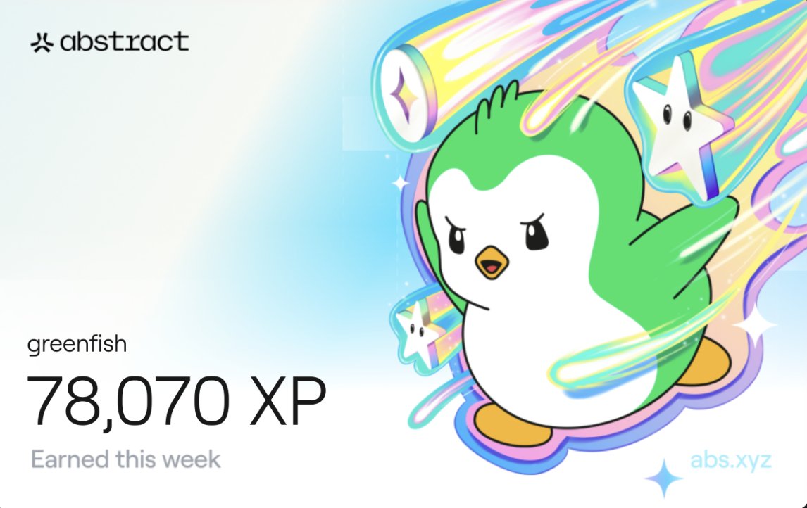 greenfisheth's tweet photo. Pretty good week on my side too.

78,070 XP this week. Same grind and greenfish still swimming around Abstract ✳️✳️ @AbstractChain https://t.co/1qv6NNR3ZU