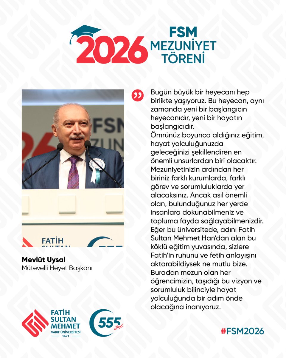 fsmvu's tweet photo. Törenimizde, 2025-2026 Akademik Yılı Üniversite Birincisi, İktisadi ve İdari Bilimler Fakültesi Siyaset Bilimi ve Uluslararası İlişkiler Bölümü mezunumuz Sümeyye Korkut da mezunlarımız adına konuşmasını gerçekleştirdi.

Mezunlarımızın emeklerini ve başarılarını kutladığımız bu anlamlı günde, yeni başlangıçların heyecanını hep birlikte yaşıyoruz. ✨