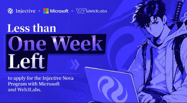 Zuesthekreator's tweet photo. One week left to apply for the @Injective Nova Program with @Microsoft and 
@Web3Labs_Club.

A full pipeline from idea to production for the next generation of AI x Web3 builders.

➤ Exclusive visit to Microsoft Beijing HQ for top teams.

➤ Direct access to industry mentors and ecosystem leaders .

➤ Funding, Azure credits, and long-term incubation support.

Here is what backs that up.

➤ $10,000 USDT per winning team for the top 3.

➤ $10,000 grant for up to 10 selected teams. 

➤ Up to $1,000,000 in potential investment from the Injective Foundation. 

➤ $150,000 in total Azure cloud credits for the top 10 teams. 

➤ Fast-track slot to AdventureX 2026, the largest hackathon in China

Three organizations behind every team. Injective brings the onchain execution layer. 

Microsoft brings Azure OpenAI and enterprise AI infrastructure. 

Web3Labs brings the talent network across Tsinghua, Peking University, Zhejiang, Fudan, and HKU.

One week left.

Register at https://t.co/cVordtpERU.