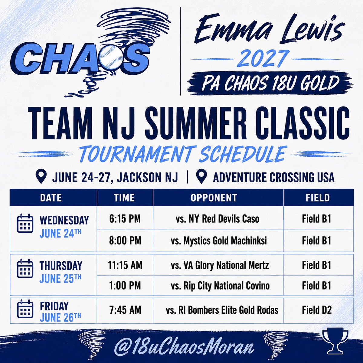 emma_lewis10's tweet photo. Schedule for this week at the Team NJ Summer Classic!! 
@18UChaosMoran 
@ESUSoftball 
@UNGSoftball 
@CatamountSB 
@MasonSoftball 
@RadfordSoftball 
@LongwoodSB 
@LineDsoftball 
@ExtraInningSB 
@DirectRecruits 
@PA_recruit 
@CoastRecruits 
@EC_Recruit 
@eastcoast_sb 
@TopPreps 
@TOP_D1RECRUITS 
@SunilSportsNews 
@SoftbalAmerica 
@SoftballDown