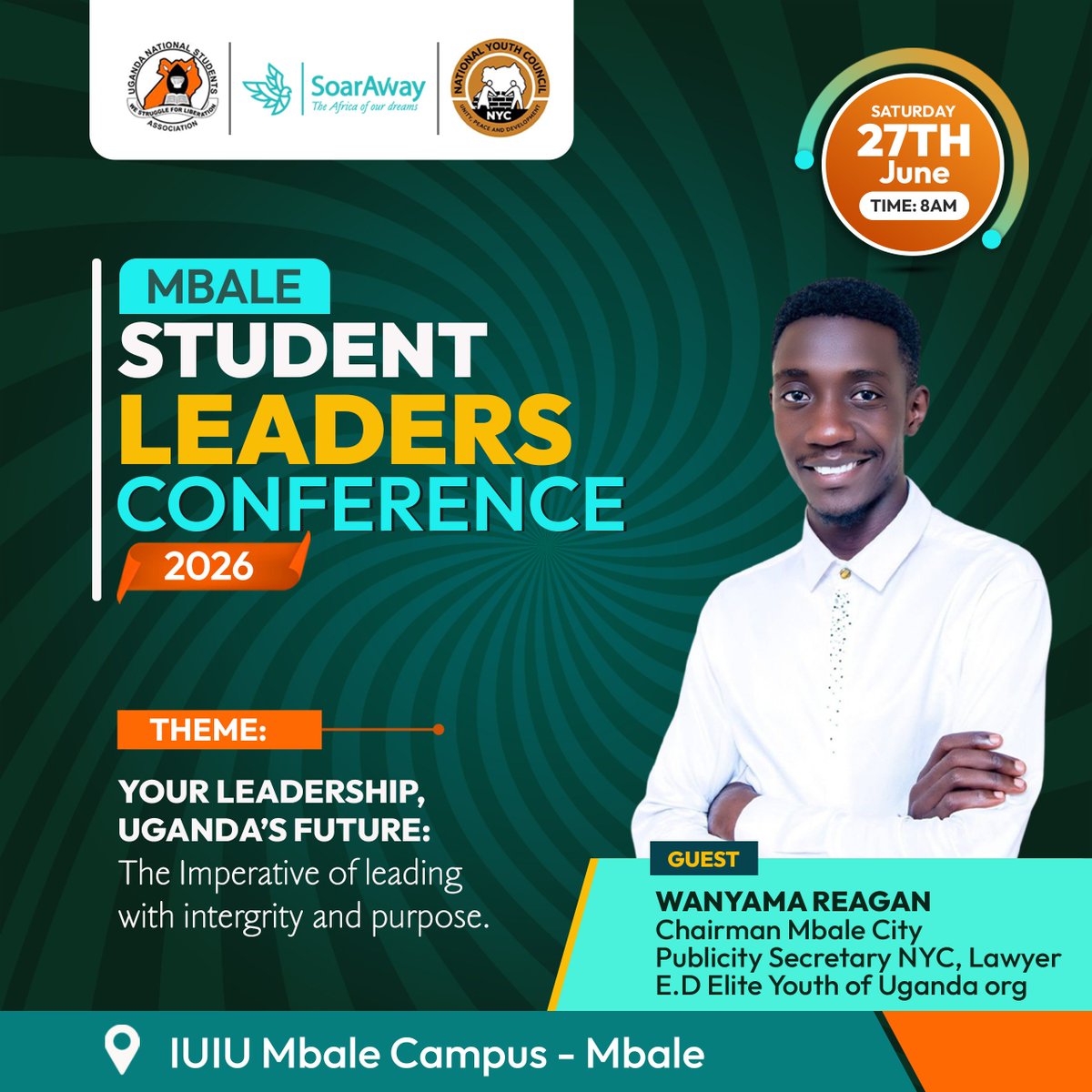 SoarAwayUG's tweet photo. What does it take for Uganda’s youth to lead? Ask the man doing it both at the District and National level.

@WanyamaReagan1, Chairman Mbale City &amp; Publicity Secretary at the National Youth Council will be with us at IUIU Mbale this Saturday.

@NYCofUganda https://t.co/B6JqArxL2d