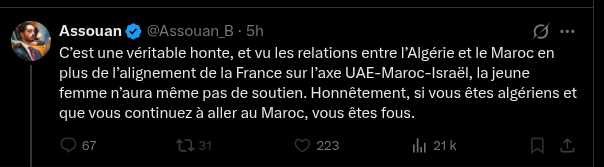 Yoyospp's tweet photo. Dites au nouveau propagandiste de Tebboune en France qu’il y a des milliers d’Algériens qui vivent, investissent et développent des projets au Maroc. Les Marocains, eux, doivent demander un visa si ils veulent aller en Algérie, et qui est systématiquement refusé. https://t.co/jvvLWTZY4V