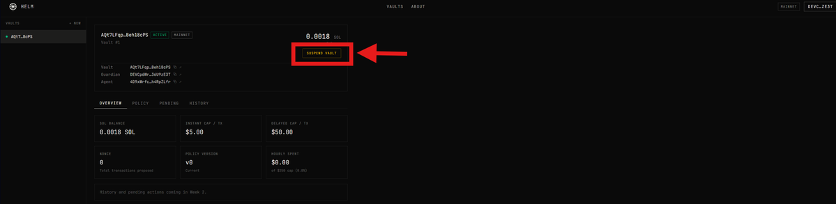 Helmprotocol's tweet photo. If your agent ever steps out of policy — or you just want to pause it — one click suspends the vault. 

The agent can't propose anything new until you resume it.  Funds stay where they are. You stay in control. No CLI, no transaction surgery.  

This is what "the trust layer" actually means in practice: not just rules on paper, but a kill switch you can hit from your phone the moment something looks wrong.