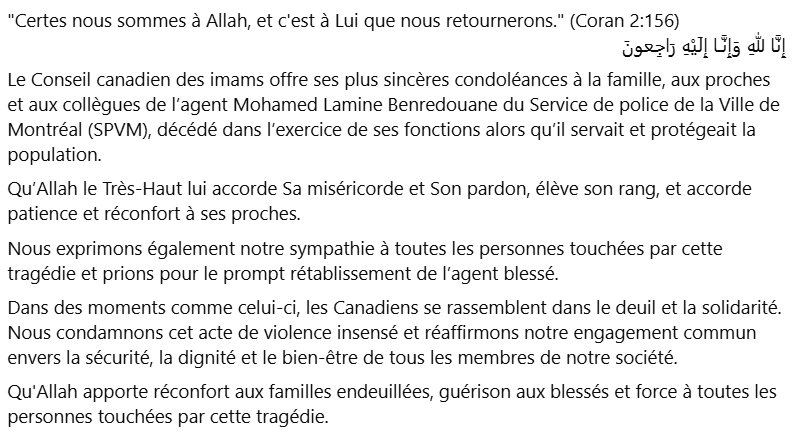 CCImams's tweet photo. Le Conseil canadien des imams offre ses plus sincères condoléances à la famille, aux proches et aux collègues de l’agent Mohamed Lamine Benredouane, décédé dans l’exercice de ses fonctions alors qu’il servait et protégeait la population. #montreal #canadianmuslims https://t.co/K799dwi5FT
