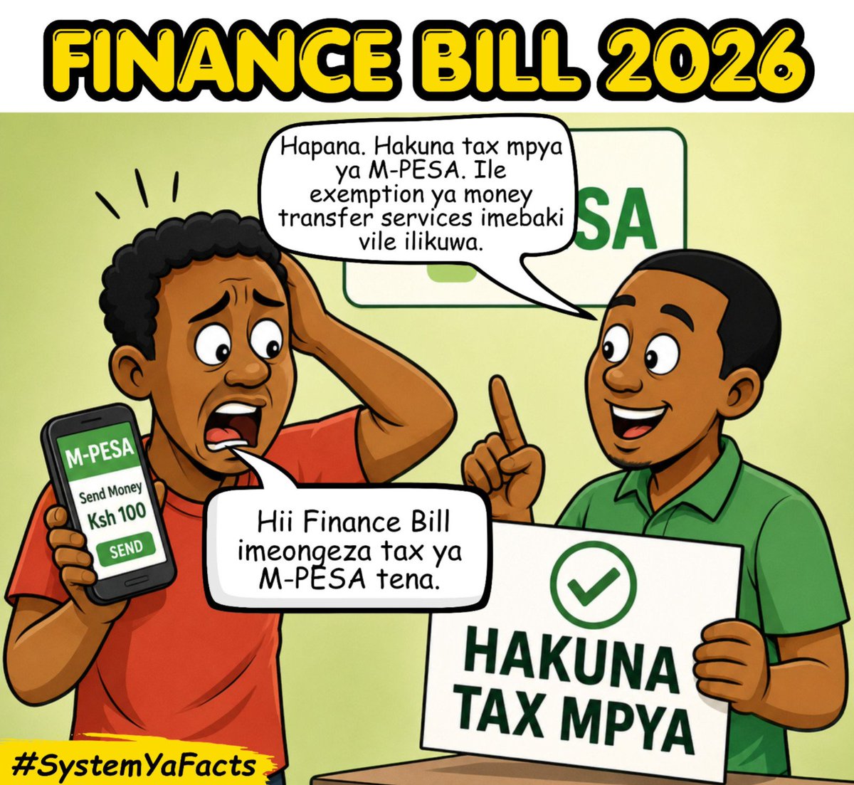 kindaYobra's tweet photo. The Finance Act 2026 protects Kenyan families from additional tax burdens by maintaining zero taxes on M-PESA transactions, mobile phones, and phone activation. 
 Access to digital services stays affordable for millions.
Mwananchi Budget
No New Taxes
#FinanceAct2026 https://t.co/ipvEAw0dD0