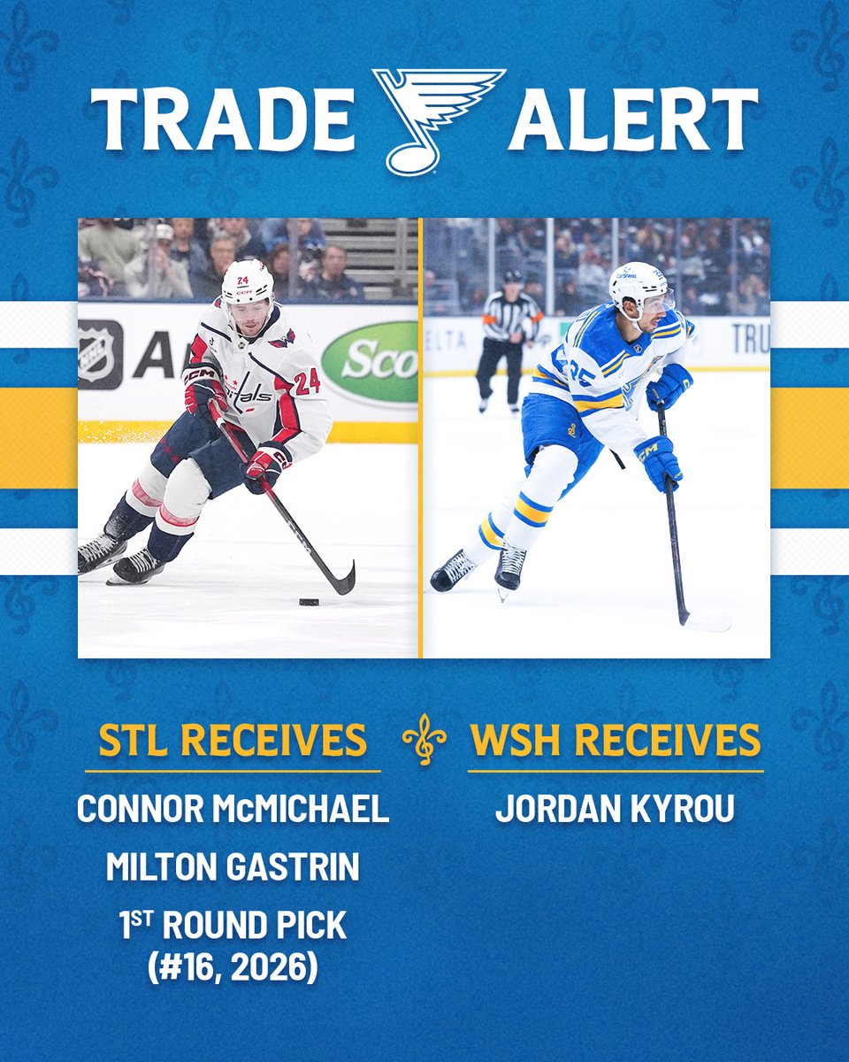 StLouisBlues's tweet photo. TRADE ALERT | The Blues have acquired Connor McMichael, Milton Gastrin and the 16th overall pick in the 2026 #NHLDraft in exchange for Jordan Kyrou. https://t.co/I7K7zDK7CC #stlblues https://t.co/IRbJT3GEDR