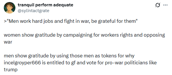 sylintactgrate's tweet photo. >"men are more likely to die in workplace deaths"

you'd think the appropriate response to this would be ("and that's why should advocate for workers rights and better working conditions")

but no instead it's ("we need to give them more empty fake praise to fuel gender wars") https://t.co/qjG03AWmDf