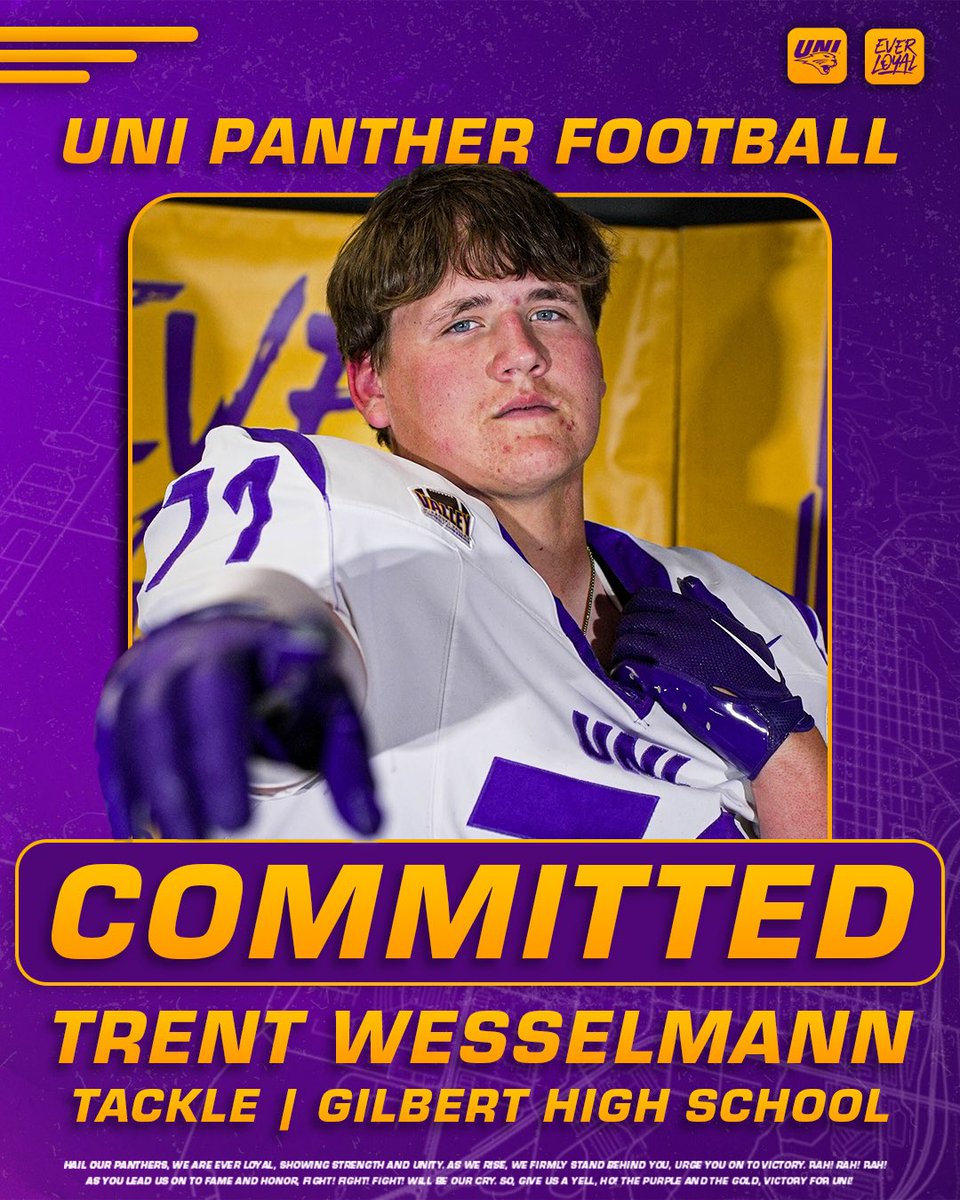 WesselmannTrent's tweet photo. COMMITTED!!!💜💛
GO PANTHERS!!!! @Gilbert__FB @UNIFootball @coachricknelson @CoachOstroski42 @tstepsis https://t.co/NPJzCX1vCe