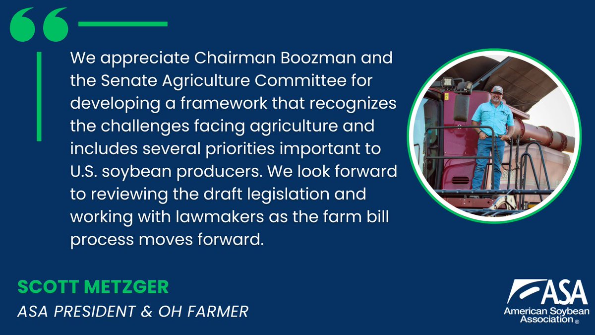 ASA_Soybeans's tweet photo. ASA welcomed the release of a draft farm bill by @SenateAgGOP Chairman @JohnBoozman which includes key priorities for U.S. soybean farmers: https://t.co/7NB9DXBdzF
#FarmBill #AgPolicy #AgEcon https://t.co/uefo1wR1KH